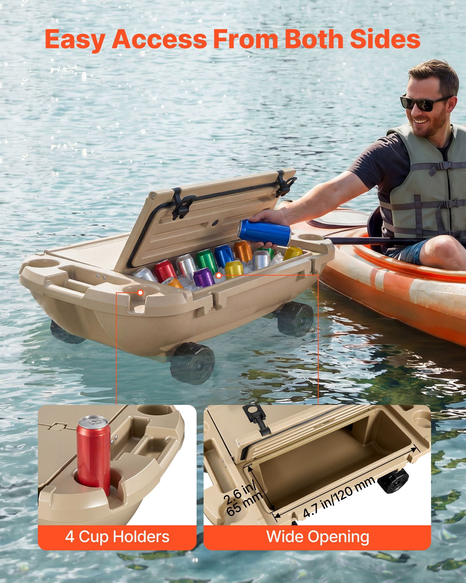 Floating Cooler, 40 QT Floating Ice Chest with Dry Storage, Wheels & Tow Rope, Amphibious Drink Cooler for Water & Land, Stable Cruiser on Lake, River, Pool, Beach, Kayak, Apricot