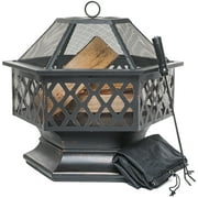 Outdoor Fire Pit for Garden and Patio, Large Hexagonal Fire Bowl with Spark Guard, Poker and Protective Cover