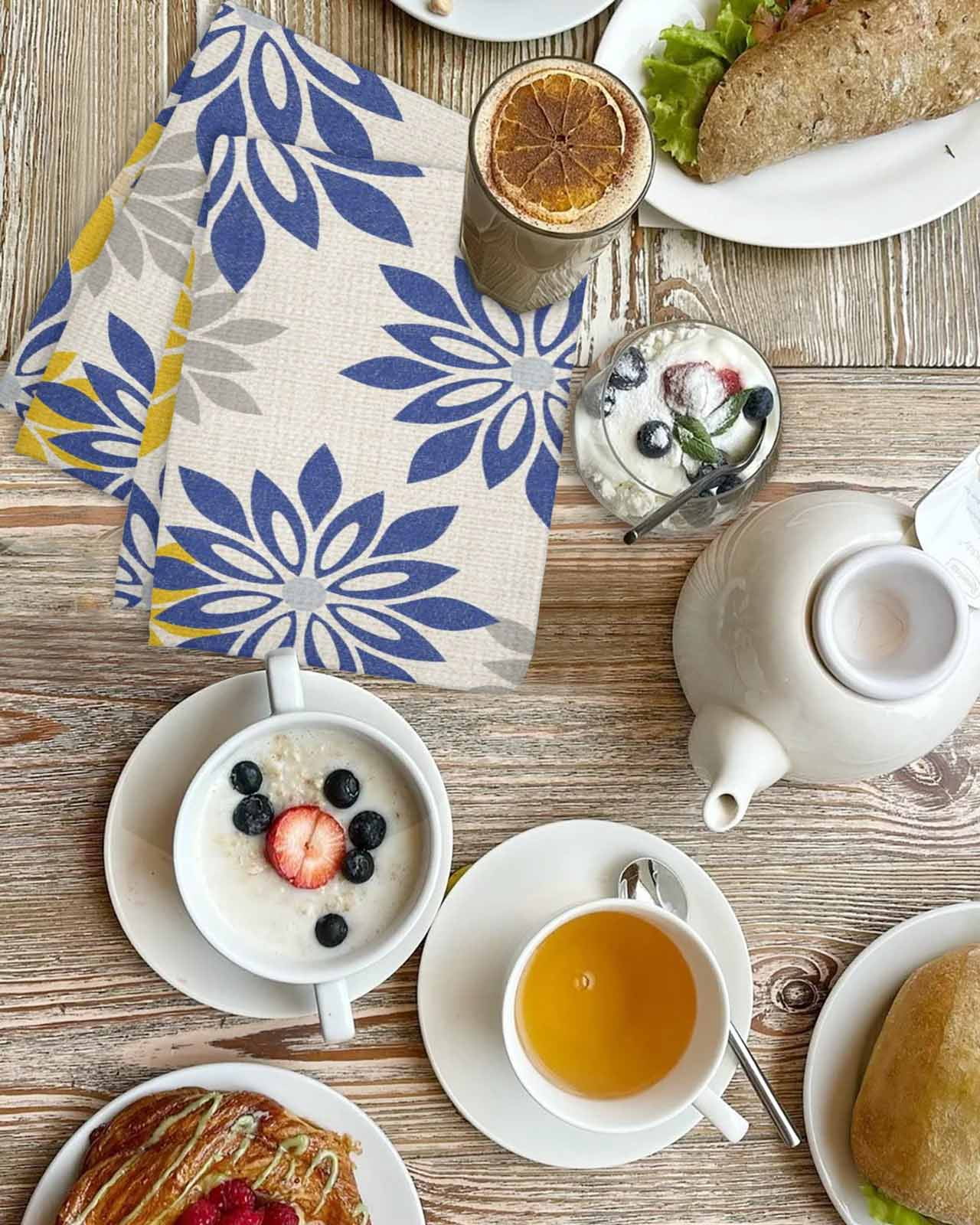 Geometric Flower Kitchen Dish Towels for Drying Dishes Set of 3, Vintage Country Floral Blue Yellow on Linen Waffle Weave Microfiber Hand Tea Bathroom Towels Quick Dry & Absorbent Towel 15.7x23.6
