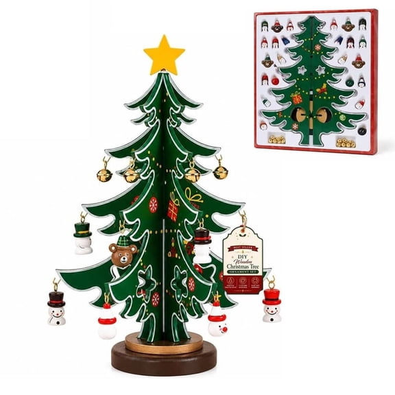 DIY Wooden Christmas Tree Ornament Set, Holiday Craft Display, 3D Handmade Christmas Trees Tabletop Decorations with Hanging Bell Snowman Pendant (S)