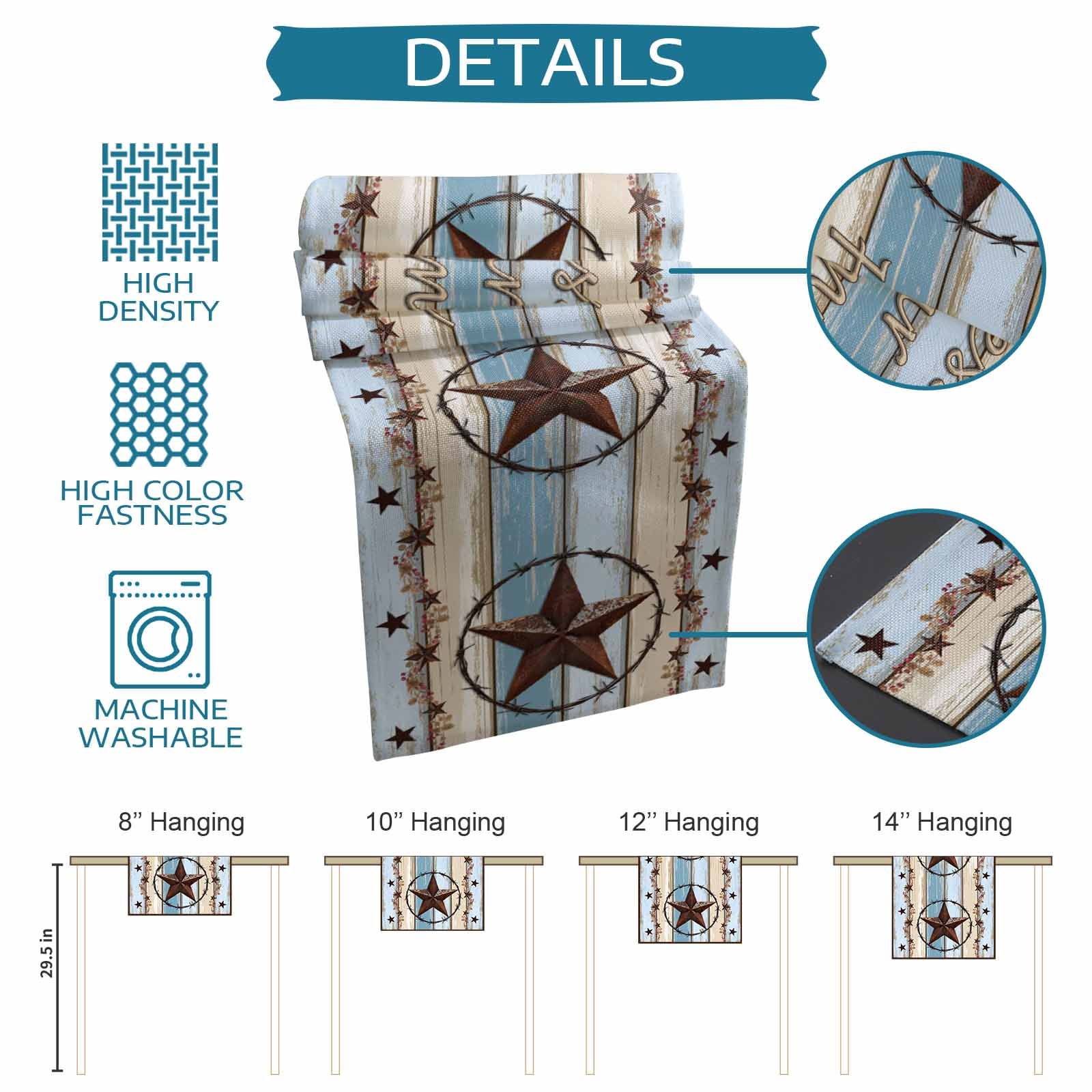 Country Star Blue Table Runner 70 Inches, Farmhouse Western Texas Star Barn Bed Runner Dresser Scarves Tabletop for Indoor Outdoor Parties/Ceremony/Banquet, 13" x 70"