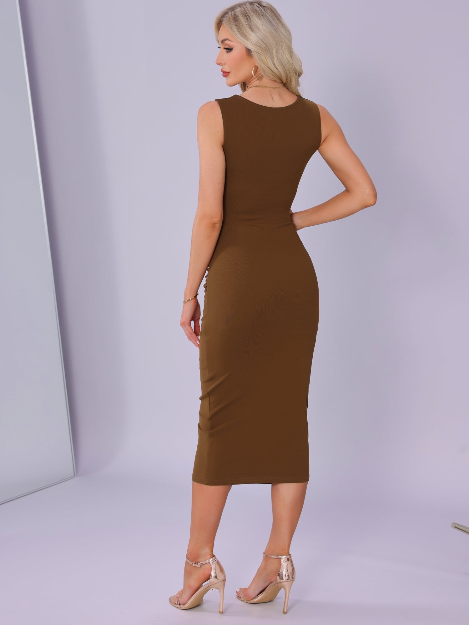 DARING DIVA Square Neck Waisted Ruched Tank Midi Dress XS Brown