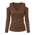 thumbnail image 4 of Cold Shoulder Ribbed Top for Women Long Sleeve Slim Fit Deep V Neck Fitted Knit Shirt Fall Versatile Comfy Casual Basic Blouse Brown XXL, 4 of 9