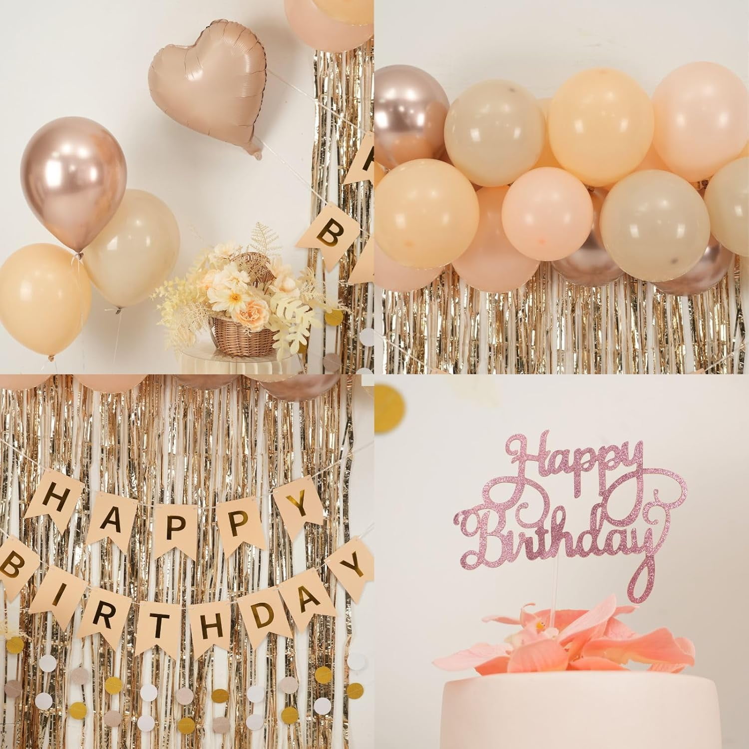 Beige Birthday Decorations,Happy Birthday Banner with Cream Nude Champagne Gold Balloon Heart Foil Balloons Fringe Curtain for Women Men  Baby Shower Party Decor