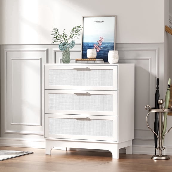 Eumyviv 3 Drawer Dresser, White Rattan Dresser for Bedroom Chest of Drawers for Living Room Bedroom, White H0151