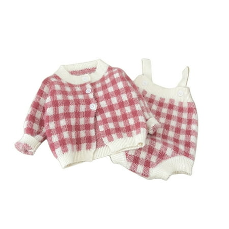 

ZHUASHUM Baby Boy Girls Autumn Plaid Long Sleeve Knit Sweater Gallus Romper Bodysuit Coat Jacket Set Outfits