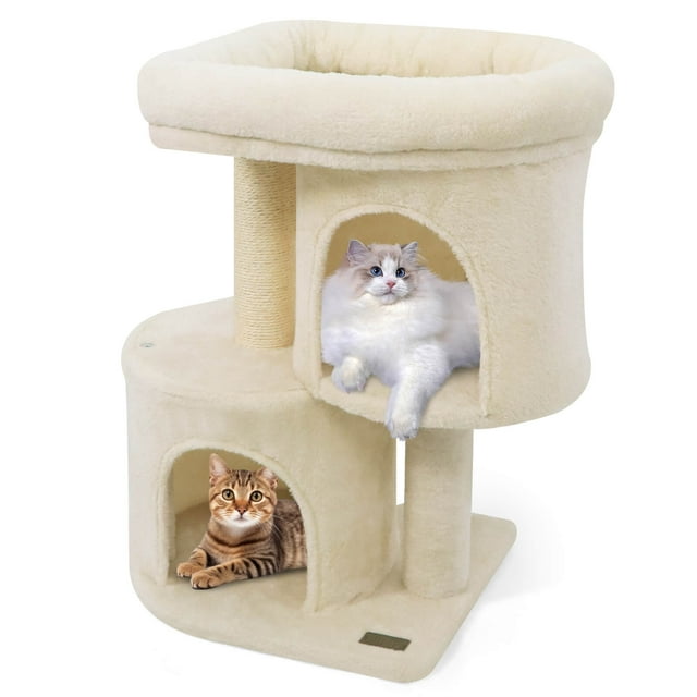 Costway 26" Small Cat Tree with Large Padded Plush Perch, 2 Condos, Sisal Scratching Posts Beige
