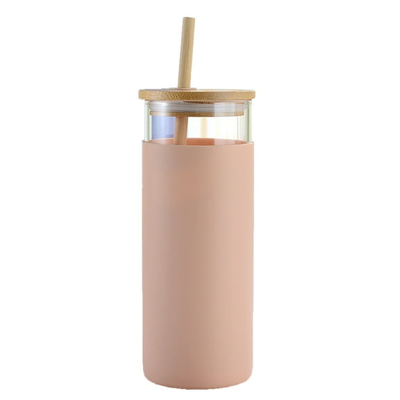 DreamyJuly Silicone Glass Protective Cover and Straw Lid for Mugs, Fashion Bamboo Lid for Coffee Cups - Reusable Mug Cover with Straw Hole