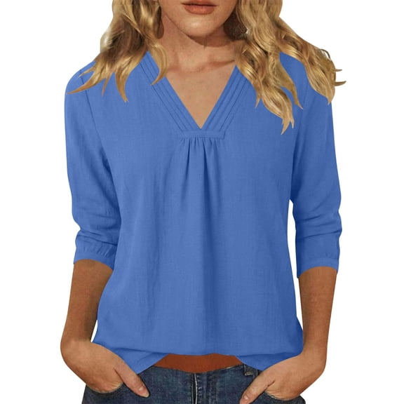 GUACER Summer Womens Long Sleeve Tops Casual Linen Loose Fit V Neck Pleated Comfy Fashion Shirts