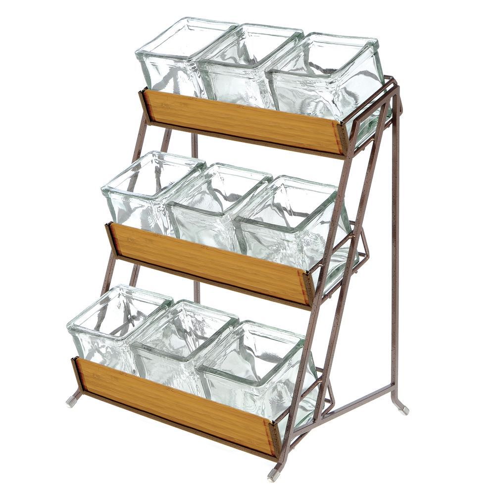 HUBERT 3Tier Espresso Metal Condiment Holder with 9 Glass Inserts 13"L x 9 1/2"W x 17 1/2"H