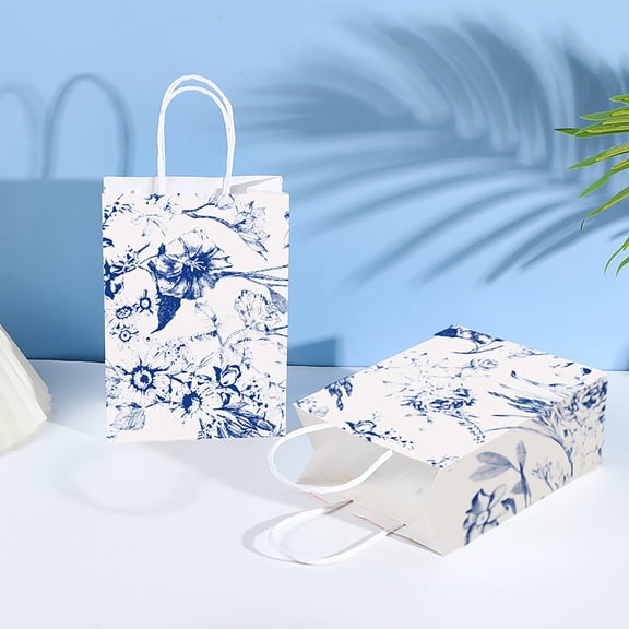 Bazyrey 12 Pcs Blue Floral Paper Gift Bags Blue White Wild Flower Party Favor Bags with Handle Candy Treat Bags for Wedding Birthday Bridal Shower