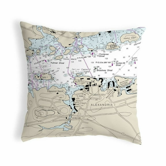 Betsy Drake Interiors Alexandria Bay, NY Nautical Map Noncorded Indoor/Outdoor Pillow 12x12