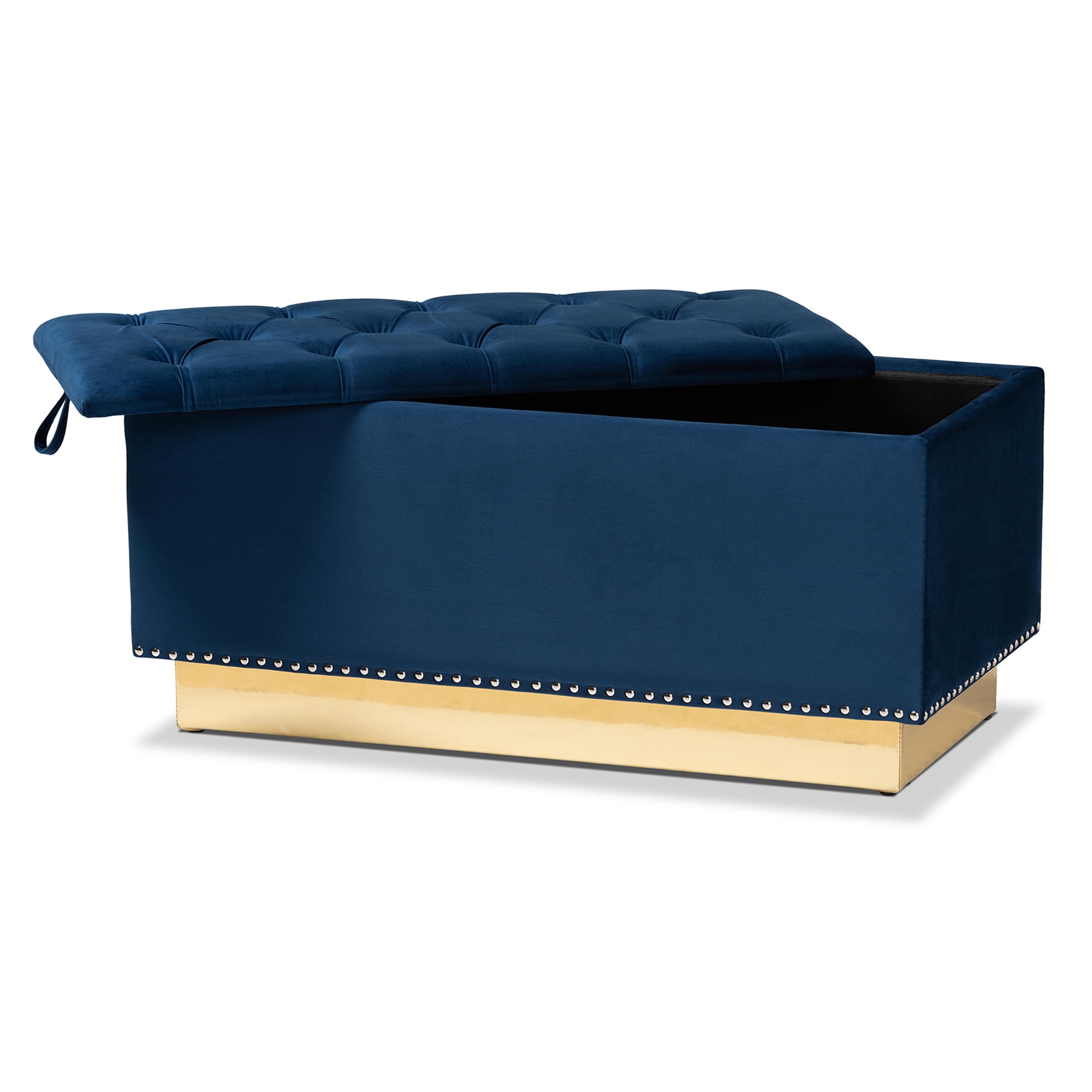 Baxton Studio Powell Glam and Luxe Navy Blue Velvet Fabric Upholstered and Gold PU Leather Storage Ottoman