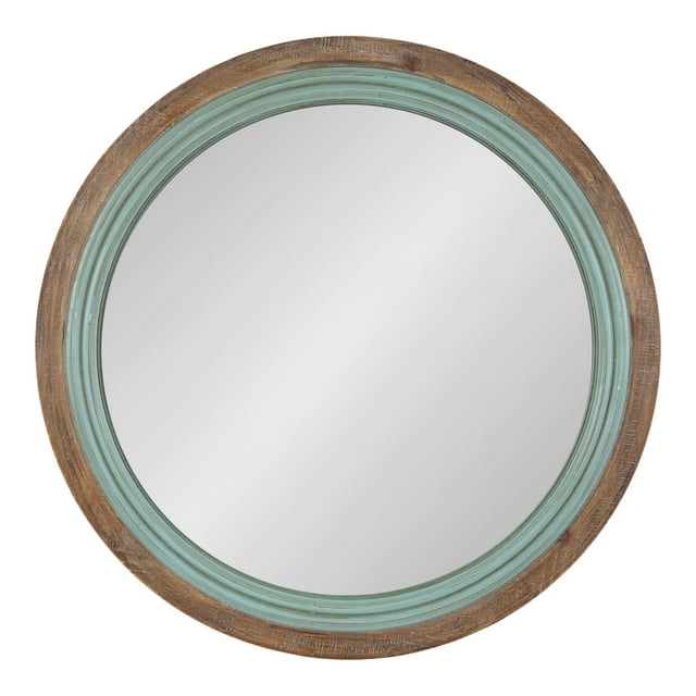 Kate and Laurel Palmer Rustic Farmhouse Round Wooden Mirror, 26 Inch Diameter, Blue and Rustic Brown, Modern Circle Decorative Wall Mirror with Paint Distressing