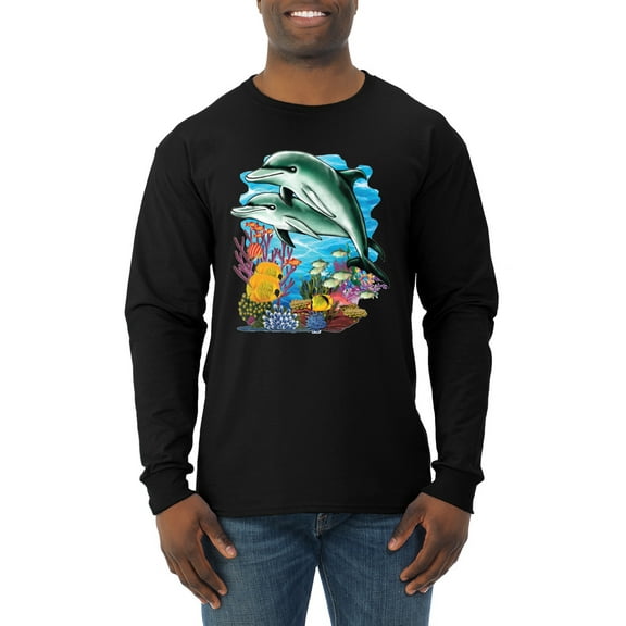 Pair of Dolphins Swimming in Ocean Animal Lover Mens Long Sleeve Shirt, Black, Small