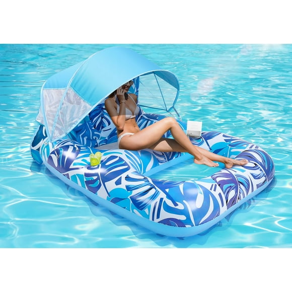 Pool Float with Canopy, Extra Large Inflatable Pool Lounger Floats with Cup Holder Backrest Foot Rest, Pool Floaties for Adults Heavy Duty, Floating Raft Chair Beach Swi
