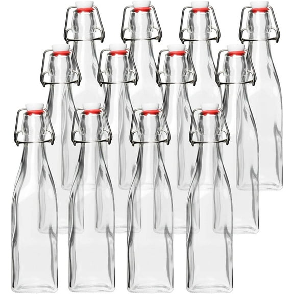 Barcaloo 8.5 Ounce Clear Glass Beer Bottles for Home Brewing - Beer, Kombucha, Soda, Juice, Fermentation, Square 12 Pack Glass Bottle with Flip Top Cap and Funnel Pack of 12 Bottles