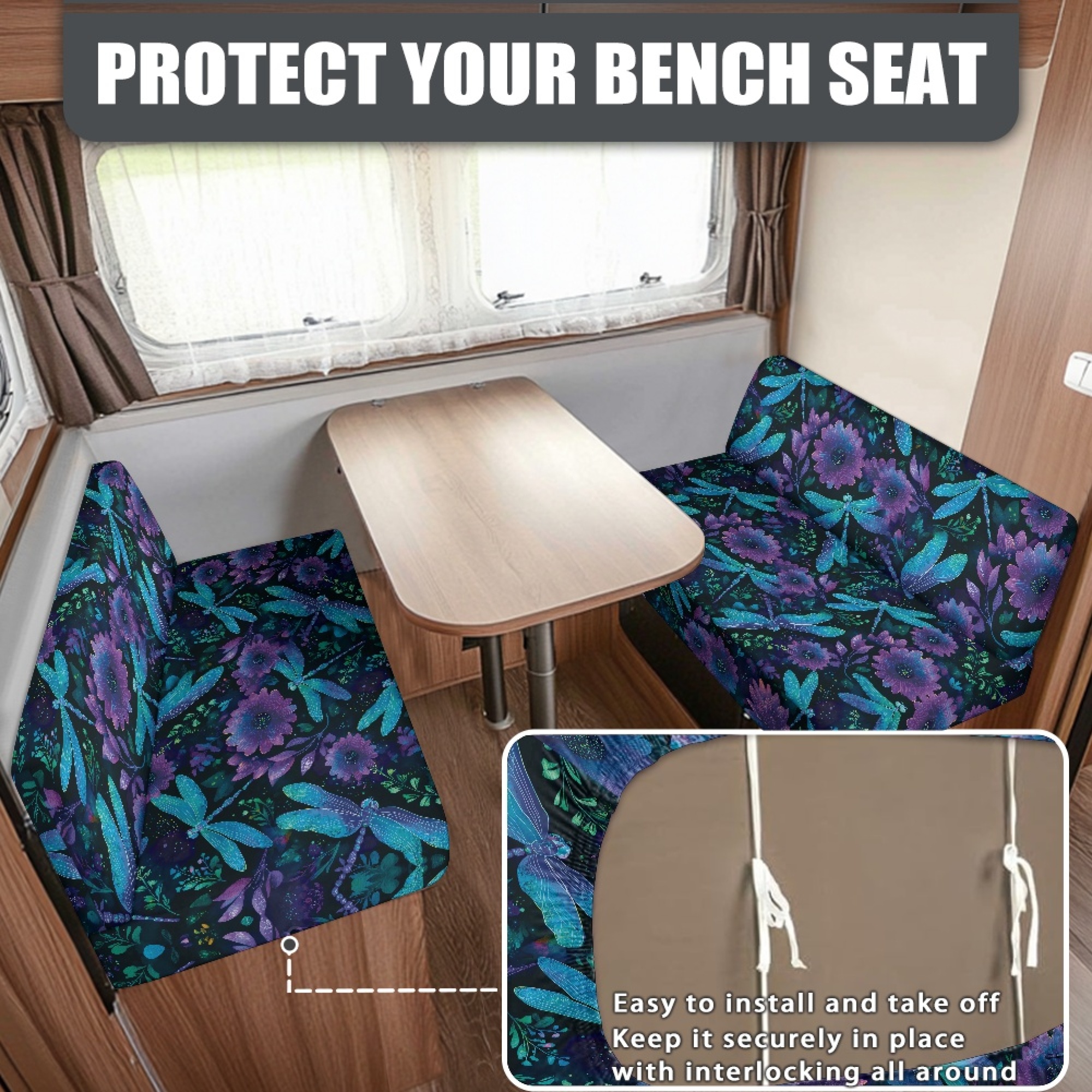 FOR U DESIGNS Dragonfly Cornflower Print 2 Pack RV Dinette Cushion Covers Stretch Camper Cushion Slipcover Non-Slip RV Couch Cover Sofa Slipover for Travel Trailer Couch