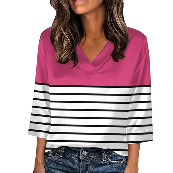 Fengactive Women's Plus Size 3/4 Sleeve Striped Shirts Dressy Casual Summer Color Block Tunic Tops Loose V Neck Blouse