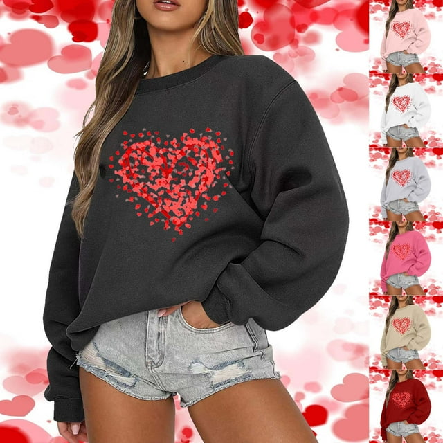 Yuyuzo Chandail de la Saint-Valentin pour Femmes, Doublé en Molleton, Col Rond, Coupe Ample, Confortable, Chandail Décontracté à Imprimé Graphique, Manches Longues