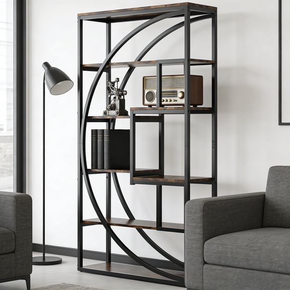 KIOOTTO 70" Wavy Edge Corner Bookcase,5-Tier Black Modern Bookshelf & Plant Stand for Small Space Living Room, Bedroom, Office