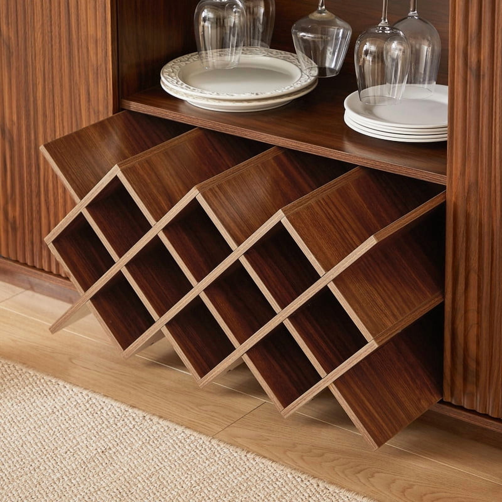 Modern Sideboard Buffet with 2 Wavy Doors, Home Bar Storage Cabinet with Glassware Holder, Wine Rack & Adjustable Shelf