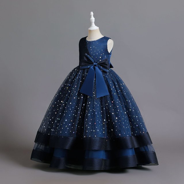Ropa para niños, vestido de niña con punto de onda, vestido de princesa con lazo grande, vestido de niña de flores para niñas