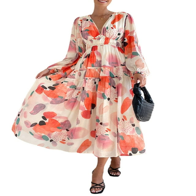 Robes Boho Élégantes à Manches Longues Imprimé Floral Col en V Automne Décontracté Plage Fête Robe Fluide