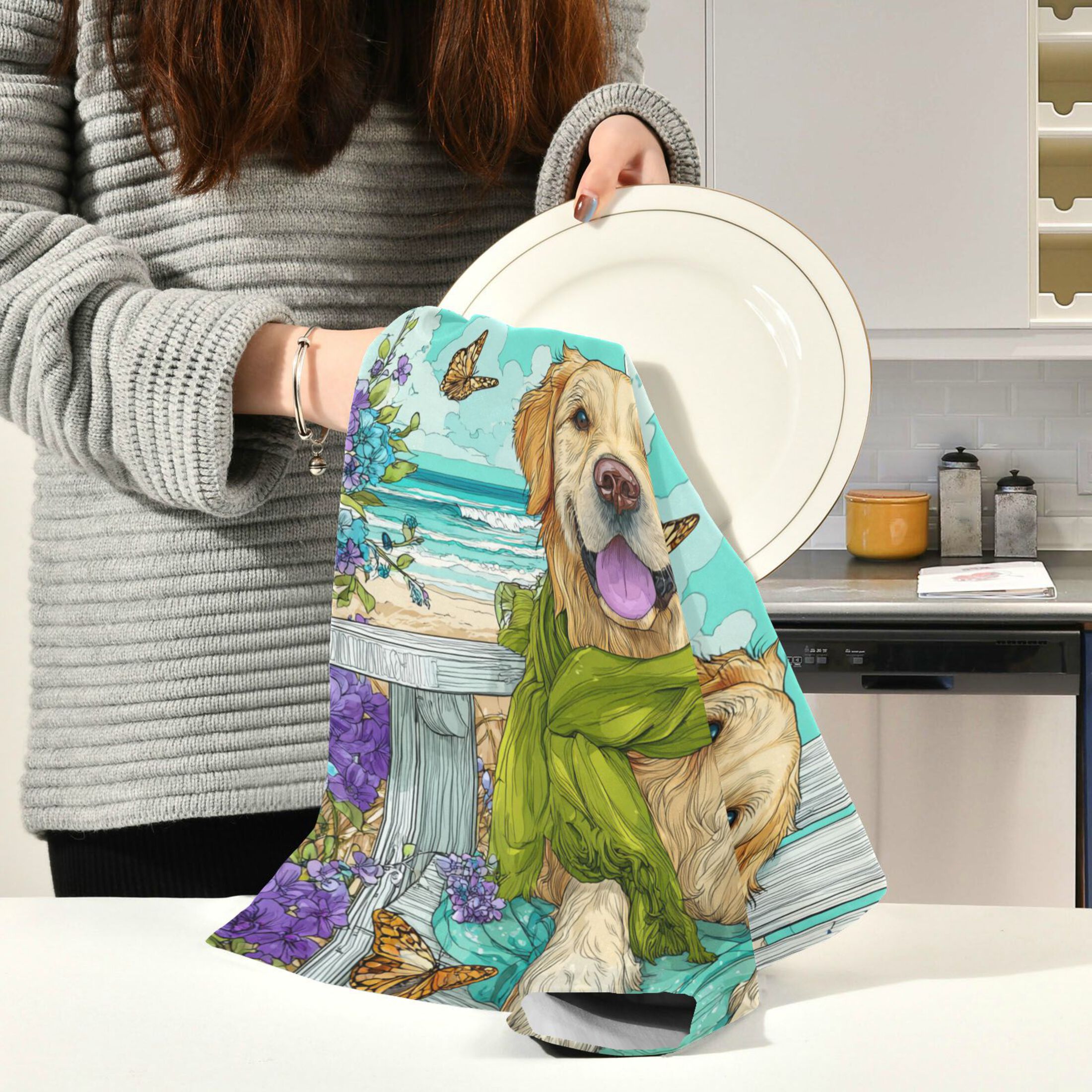 Qxltty Golden Retriever Kitchen Towels 28 x 18 Inch Set of 6 Soft Cotton Linen Feel Dish Towels with Hanging Loop for Drying, Cleaning & Decor