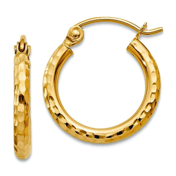 14k Solid Yellow Gold Sparkle-Cut 2mm Round Tube Hoop Earrings 15x15mm Wide 2mm Thick Hoop Earring for Women