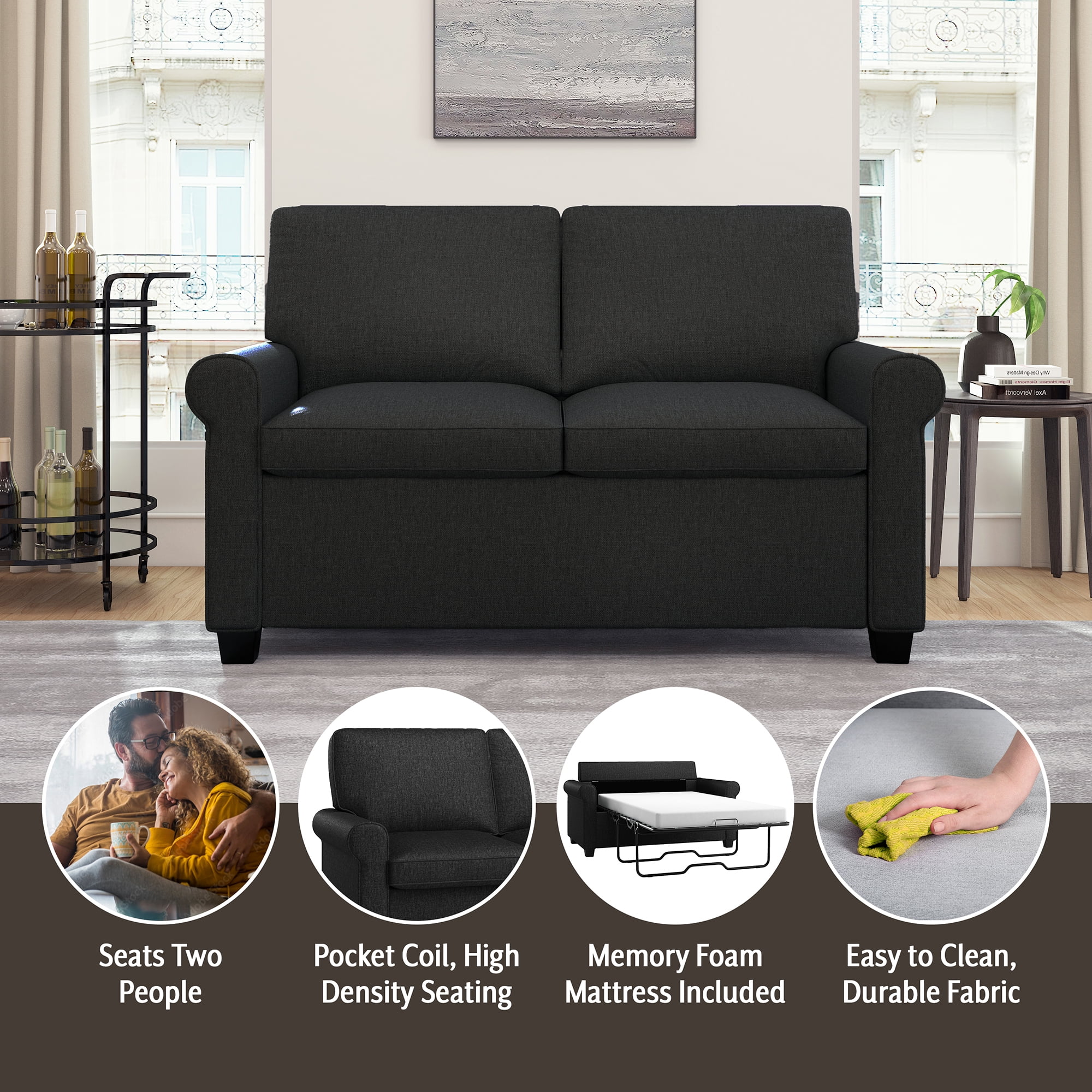 Mainstays loveseat sleeper with sale memory foam mattress