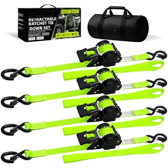 Retractable Ratchet Straps (4-Pack) - 1 Inch x 13 Feet (1,800lb Break Strength) - Auto Self Retracting Tie Down Straps for Truck,  Trailer, Motorcycle, ATV, UTV - Green$$Tools & Hardware Other
