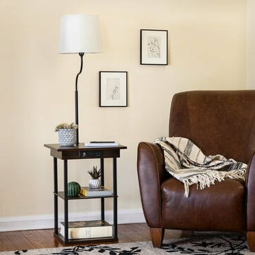 DPI DecorTech Square End Table with Lamp, AC Power and USB Charging Ports, Walnut