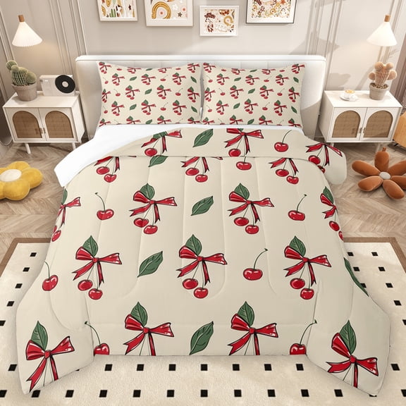 Homewish Kawaii Bow Ribbon Bedding Comforter Set,Cartoon Cherry Twin Comforter Sets,Beige Red Green Bedding Set For Girls Teens,Ultra Soft Home Decor,2-Piece