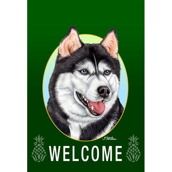 Siberian Husky - Best of Breed Welcome Pineapples Garden Flags. Flag is 12" x 17"