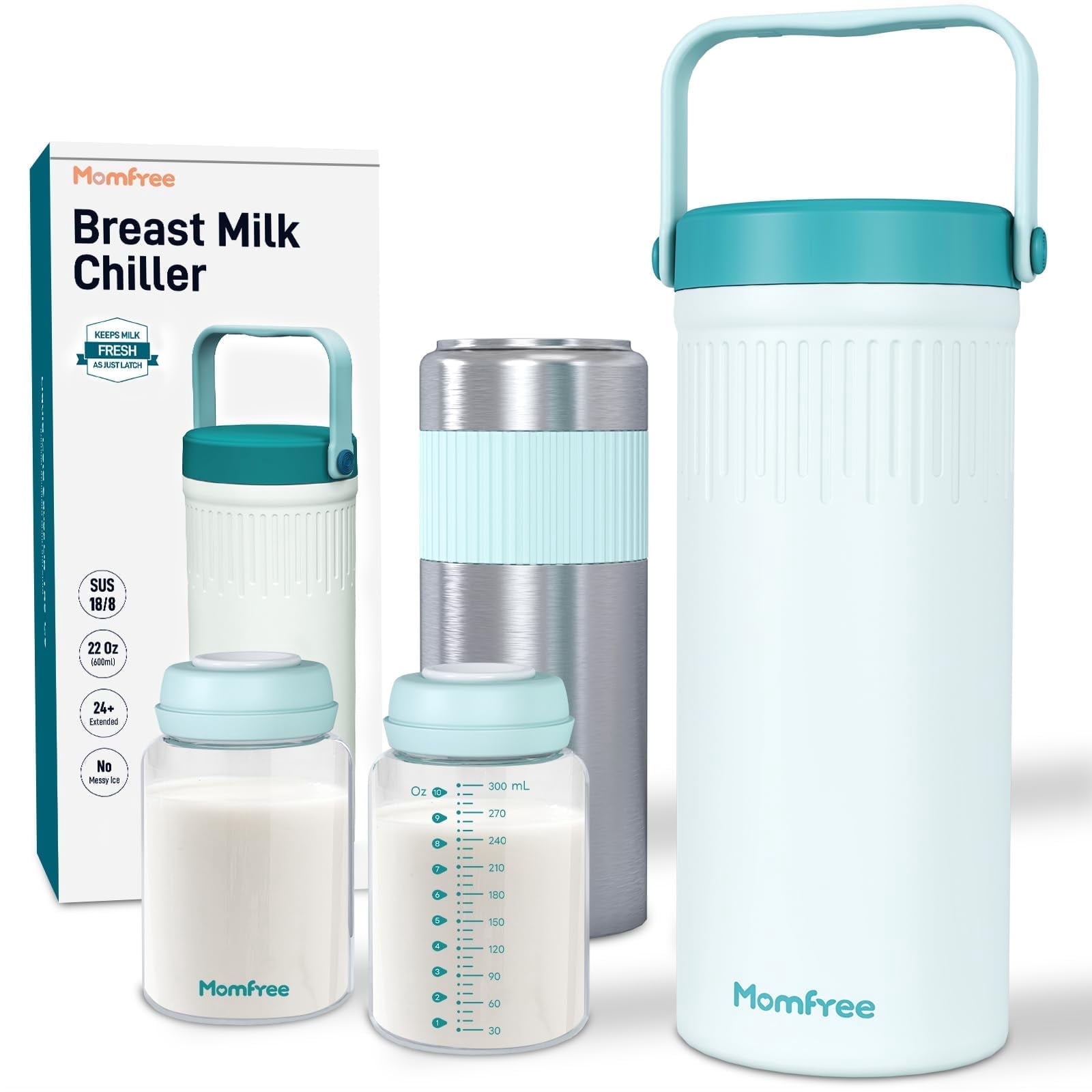 Momfree Portable Breast Milk Cooler, 22oz, 360° 24-Hour Cooling, 304 Stainless Steel, 2 BPA-Free Leak-Proof Bottles, for Travel And Work