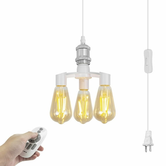Kiven Plug in Pendant Light with 3 Lamp Sockets, Farmhouse Hanging Light Fixture with Remote Control Dimmable Pendant Light for Bedroom Hallway Kitchen Silver