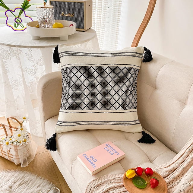 Lot de 2 Housses de Coussin Décoratives Tricotées avec Franges pour Canapé Chambre