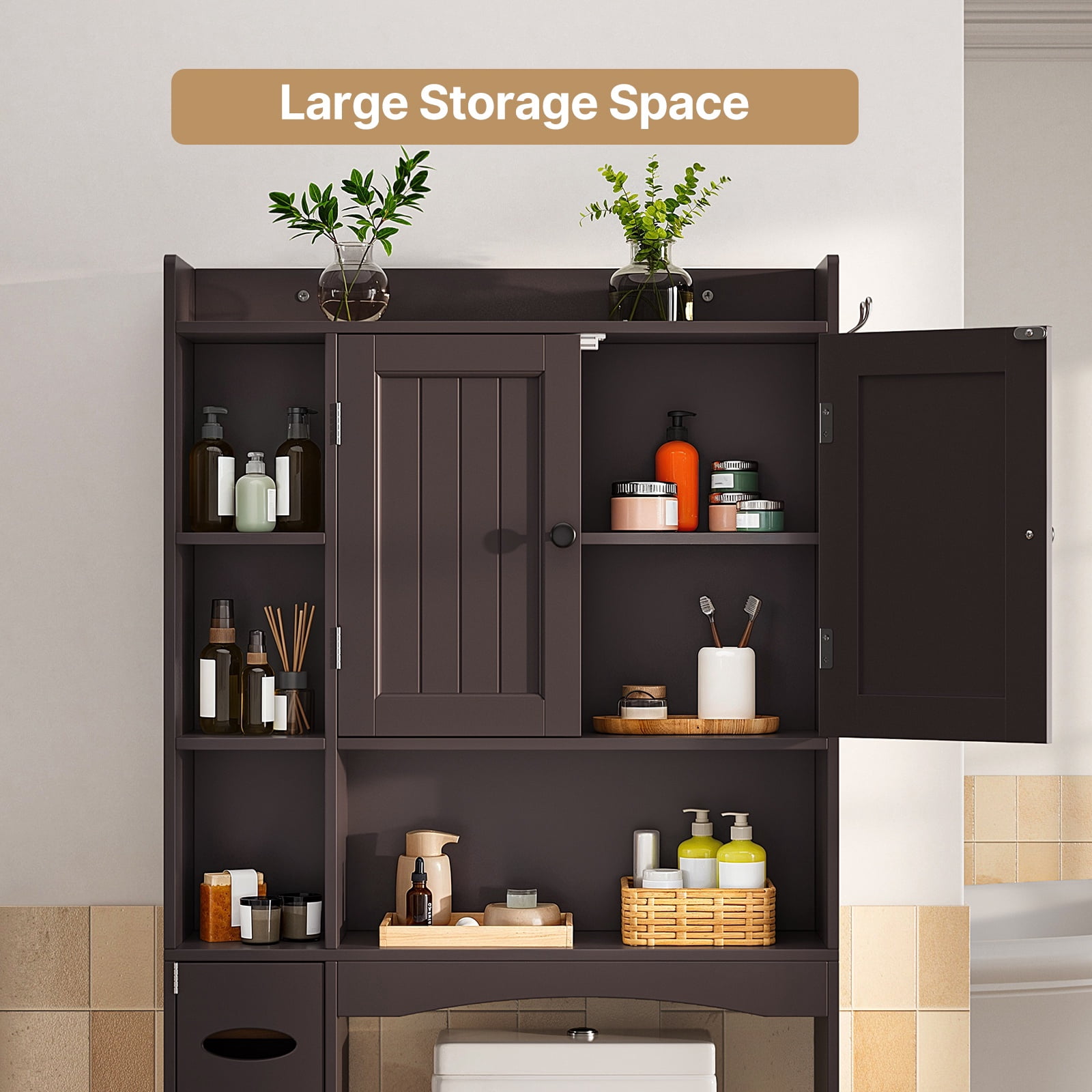 Over The Toilet Storage Cabinet, Asofer 66''H Bathroom Storage Organizer with Paper Holder and Adjustable Shelf, Dark Brown