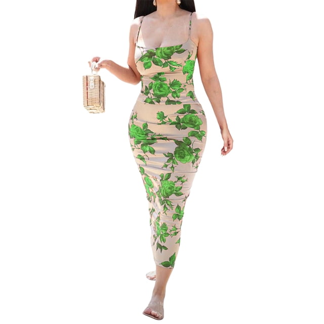 VISgogo Vestido sin mangas para mujer, estampado de flores, sin mangas, correa de espagueti, corte bajo, traje de verano de una pieza, S/M/L VISgogo moda
