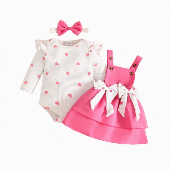 CAICJ98 Baby Girl Clothes Fall Winter Outfit Long Sleeve Ruffle Romper Plaid Skirt Bow Headband 3 Pcs Set (Hot Pink,3-6 Months)