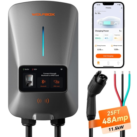 Cargador eléctrico WOLFBOX Level 2, 48 A, pantalla inteligente, cable RFID de 7,6 m