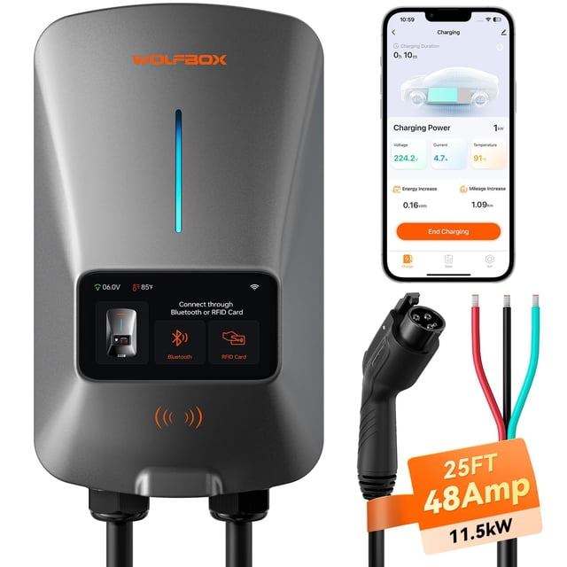 Cargador eléctrico WOLFBOX Level 2, 48 A, pantalla inteligente, cable RFID de 7,6 m