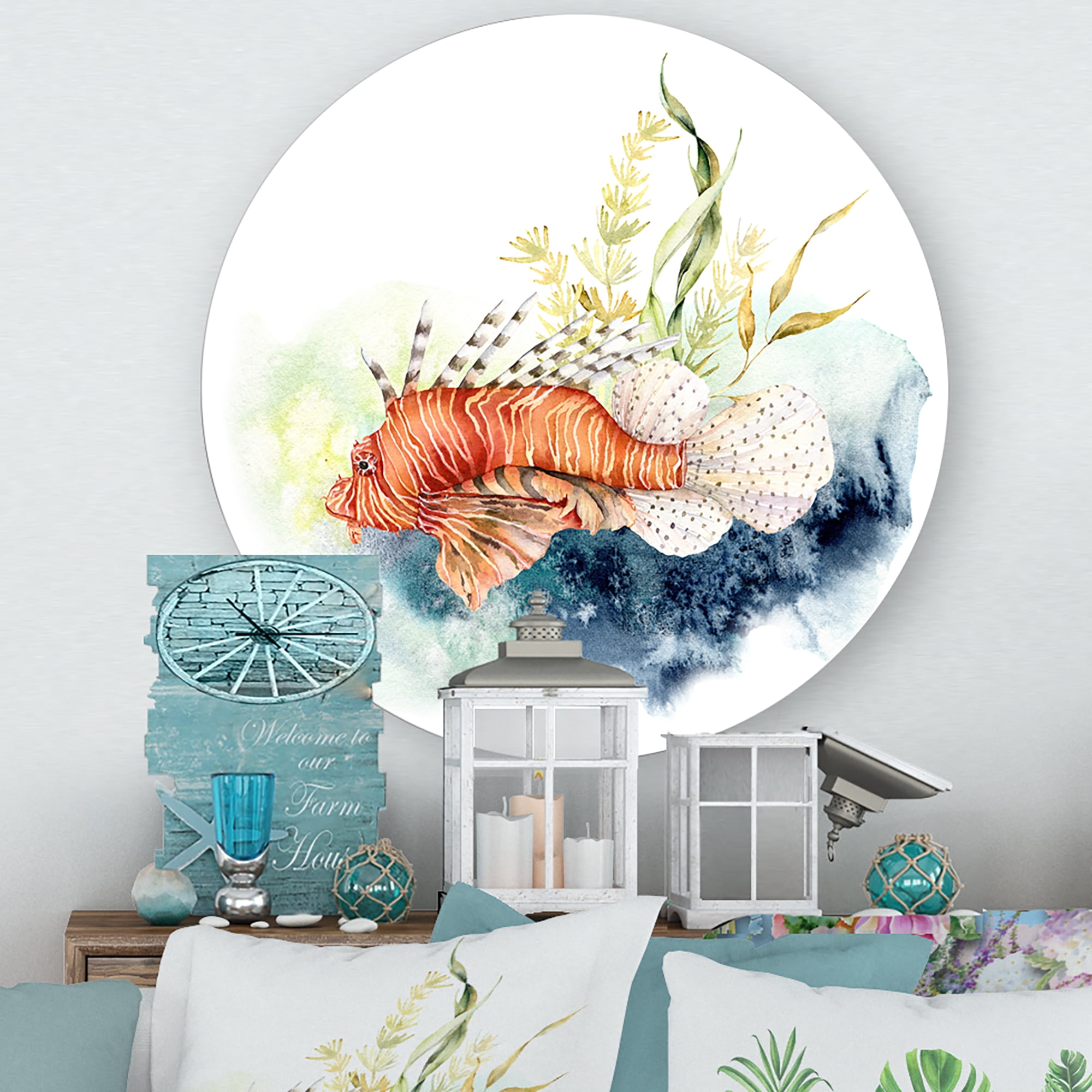 Designart 'Kelp and Lionfish With Coral Reef and Laminaria' Nautical & Coastal Circle Metal Wall Art 11x11 - Disc of 11