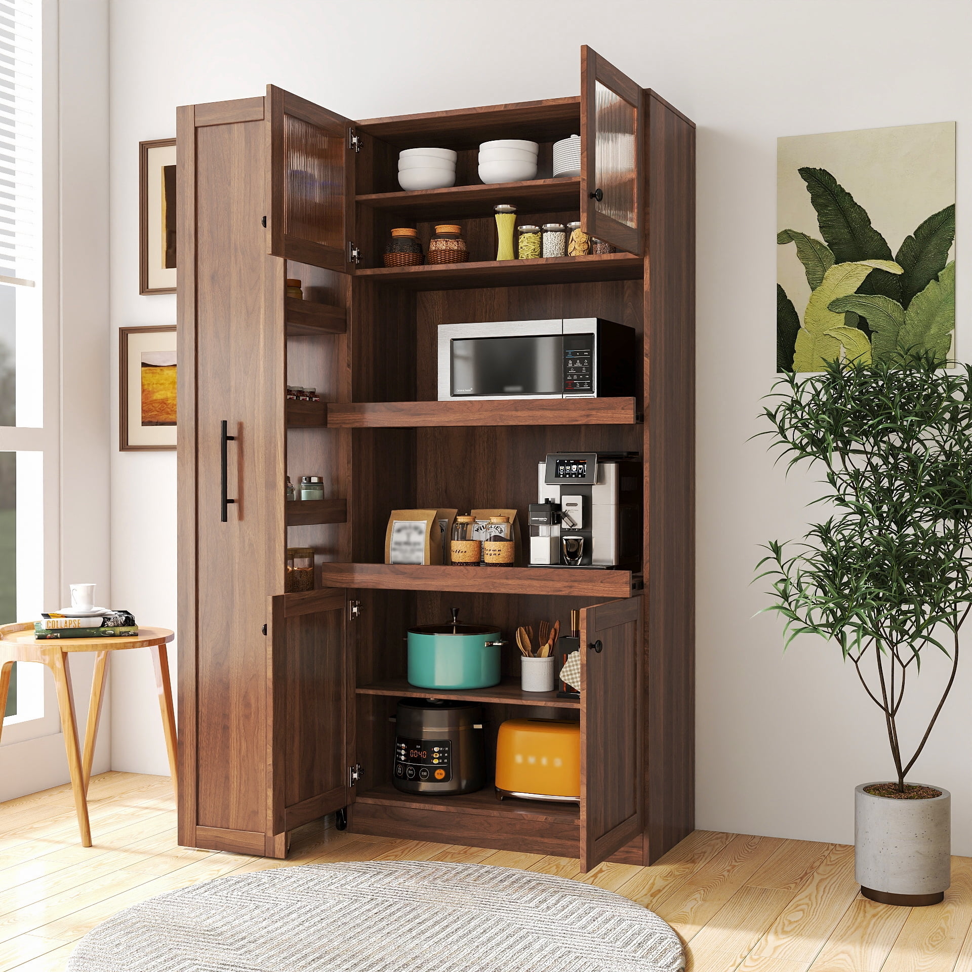 Mintazer 70" Tall Kitchen Pantry Cabinet with Pull-Out storage shelf, Freestanding Storage Cabinet with 4 Doors for Kitchen Pantry Dining Room, Walnut Brown