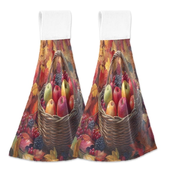 BZSMCE Hanging Hand Towels Fashion Basket Of Fruits and Leaves Pattern 2-Pack - Velcro Style Bathroom Kitchen Towels