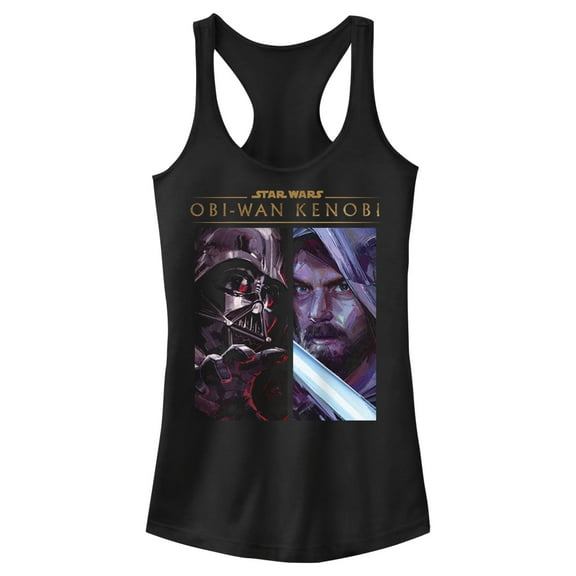 Junior's Star Wars: Obi-Wan Kenobi Darth Vader vs Kenobi Artistic Panel Portrait  Racerback Tank Top Black 2X Large