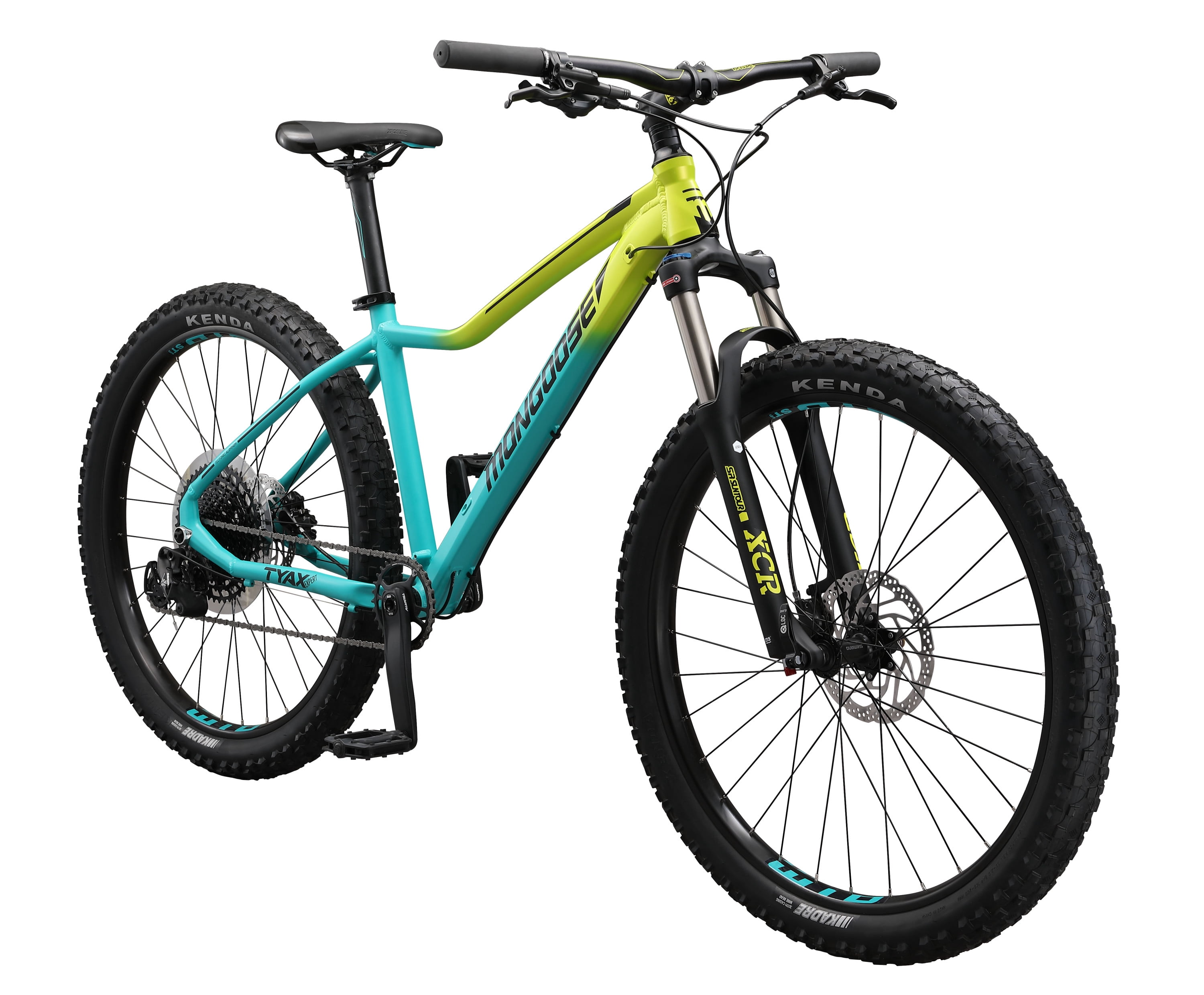 Mongoose Tyax 27.5 Small Expert Adult Unisex 27.5-inch Mountain Bike, Yellow/Blue