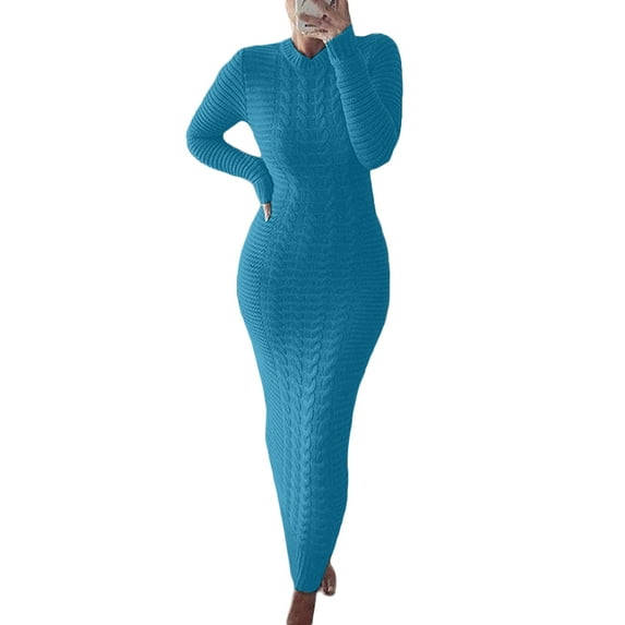 Bagilaanoe Slim Fit Knit Sweater Dresses for Women Elegant Long Sleeve Ribbed Bodycon Dress Fall Round Neck Party Long Fall Winter Dress Long Club Party One-Piece