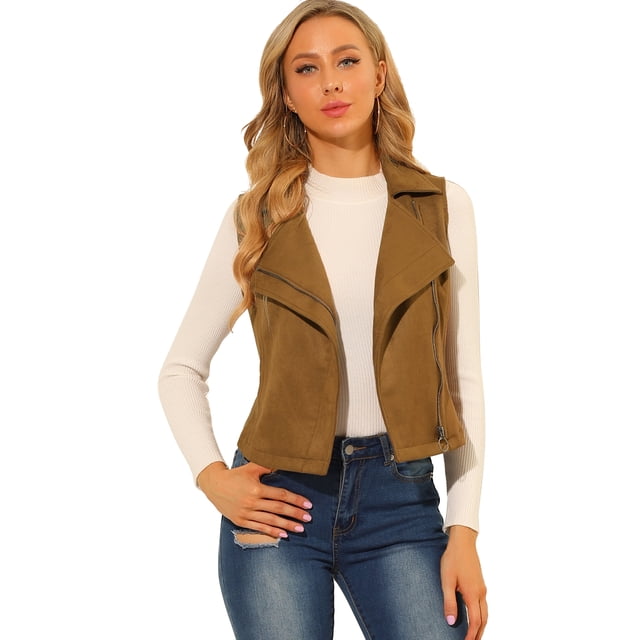Chaleco de gamuza sintética para mujer, chaqueta de motorista sin mangas informal Camello S